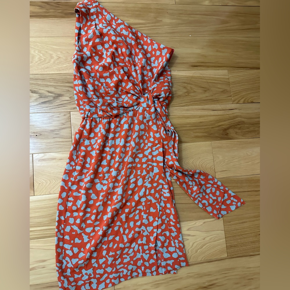 Diane Von Furstenberg One-Shoulder Midi Dress in Orange and White Abstract Print